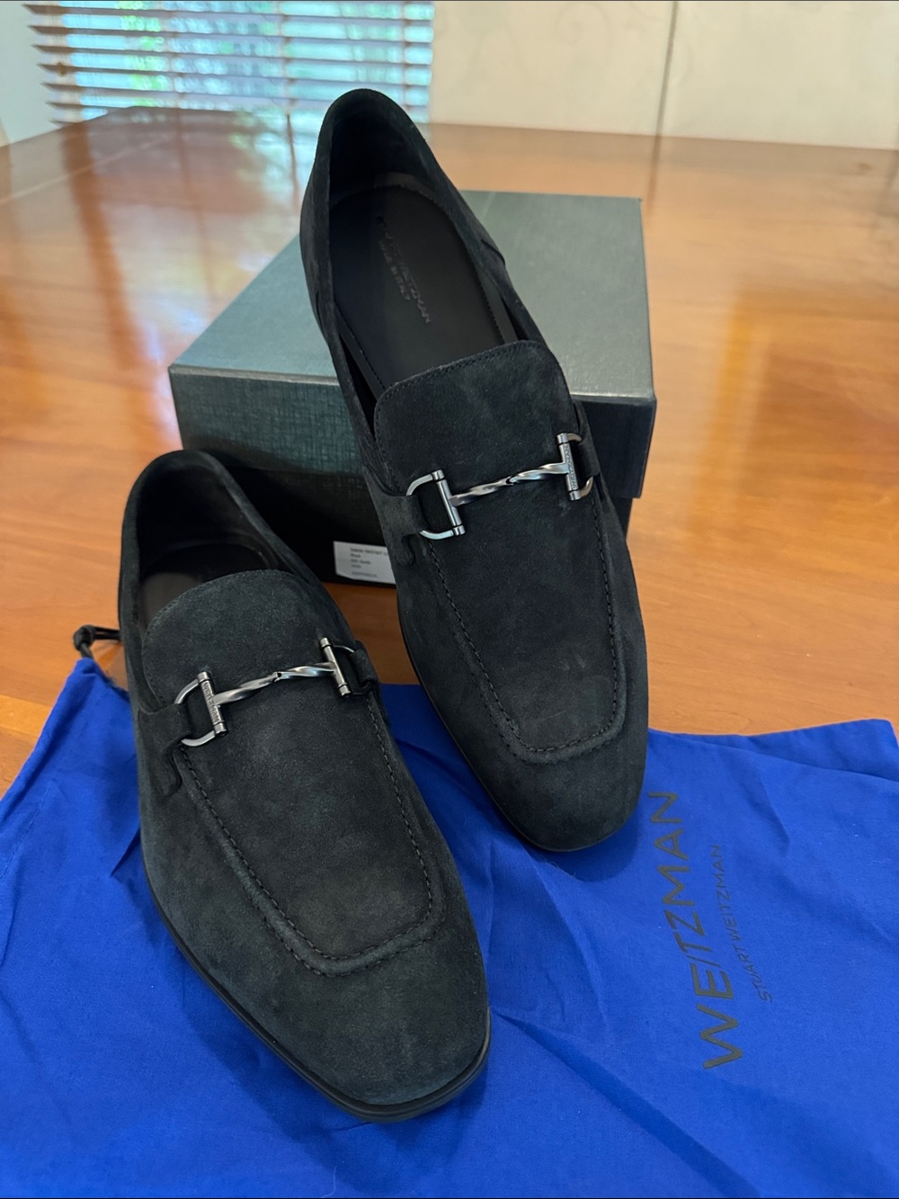Stuart Weitzman Black Suede Bit-Trim Loafers